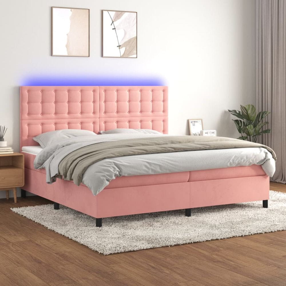 shumee Posteľný rám boxsping s matracom a LED ružový 200x200 cm zamat