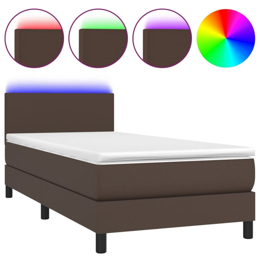 Vidaxl Boxspring posteľ s matracom a LED hnedá 90x200 cm umelá koža