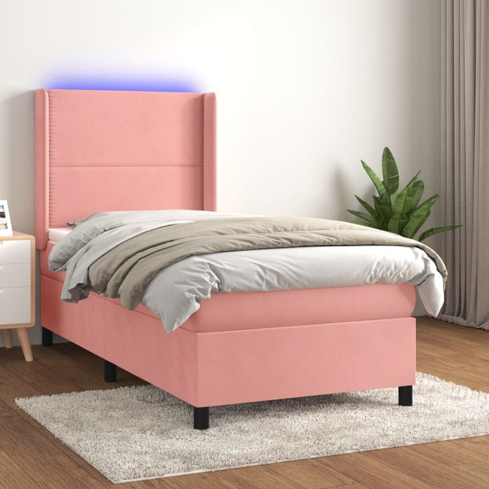 shumee Posteľný rám boxsping s matracom a LED ružový 100x200 cm zamat