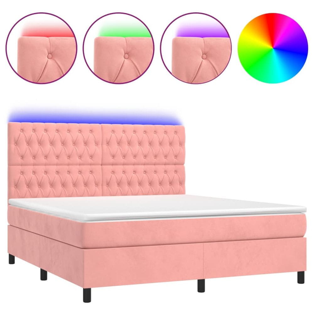 Vidaxl Posteľný rám boxsping s matracom a LED ružový 180x200 cm zamat