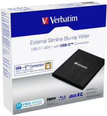 VERBATIM Blu-ray USB 3.1 GEN 1 externý Slimline napaľovačka, USB-C, čierna,