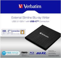 VERBATIM Blu-ray USB 3.1 GEN 1 externý Slimline napaľovačka, USB-C, čierna,