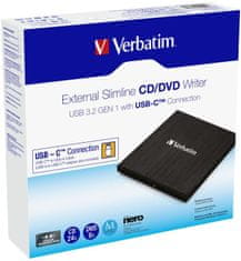 VERBATIM DVD/CD Externá Slimline napaľovačka, USB-C 3.2, čierna,