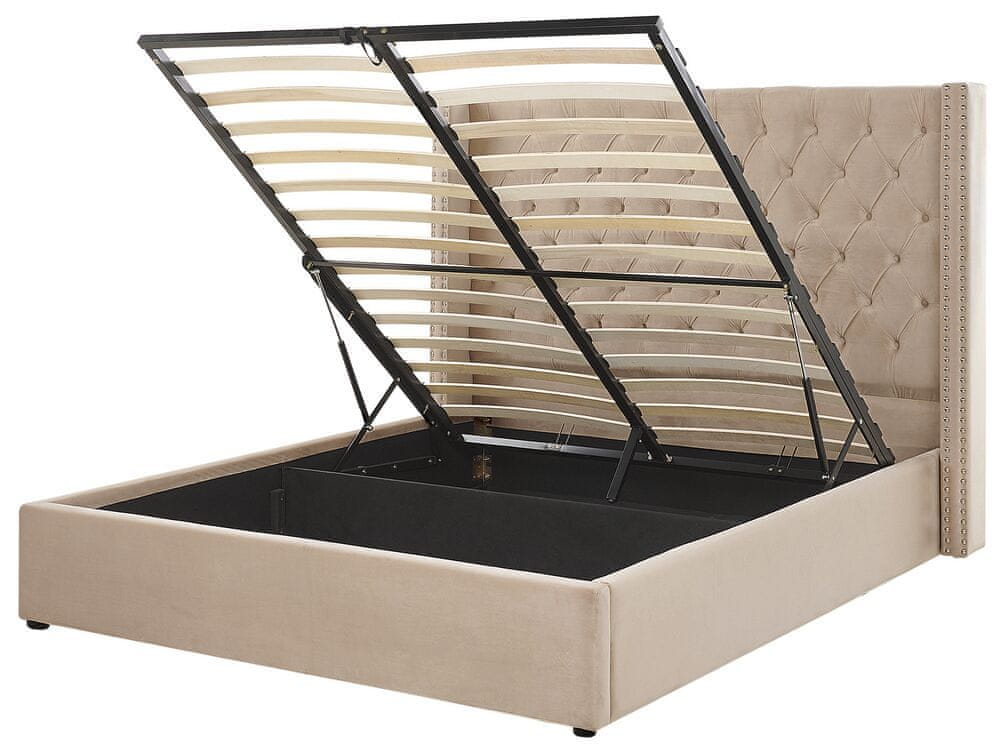 Beliani Zamatová posteľ s úložným priestorom 160 x 200 cm béžová LUBBON