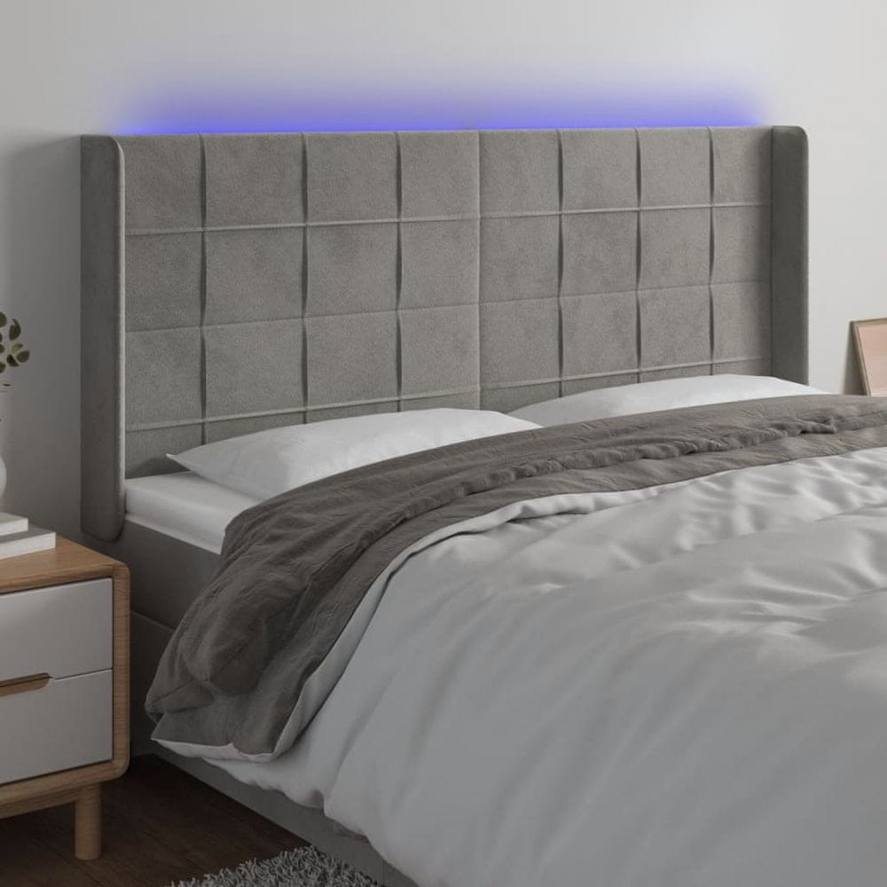 shumee Čelo postele s LED bledosivé 203x16x118/128 cm zamat