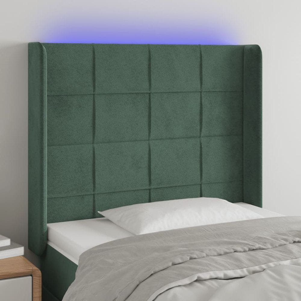 shumee Čelo postele s LED tmavozelené 103x16x118/128 cm zamat