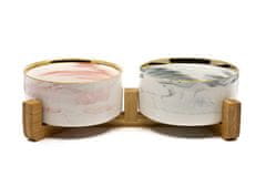 limaya keramická dvojmiska s dreveným podstavcom pre psy a mačky žíhaná bielo čierna a bielo ružová 15,5 cm