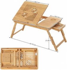 Songmics Stolík pod notebook bambusový, odvetrávanie, úložný šuplík, šírka 61 cm