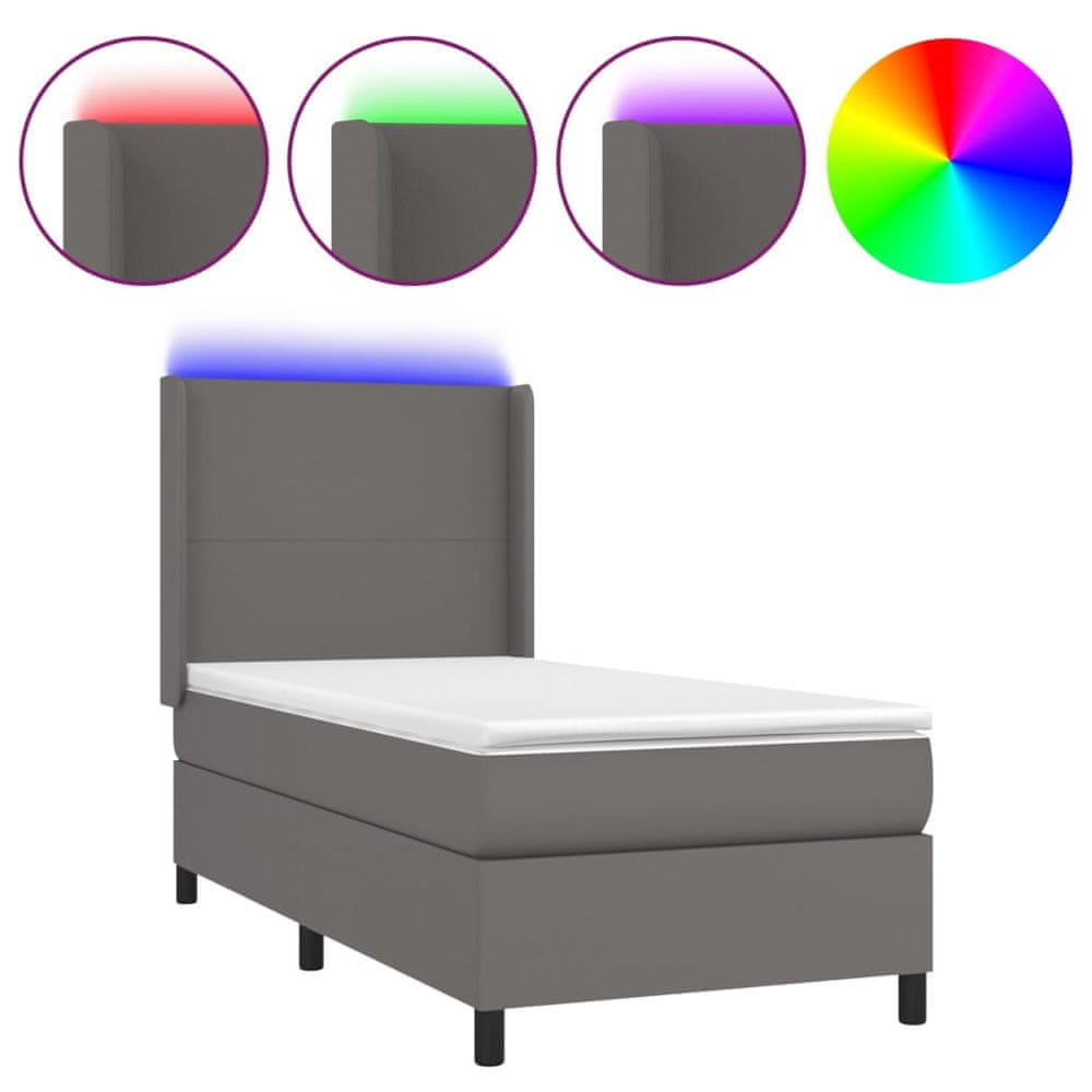 Vidaxl Boxspring posteľ s matracom a LED sivá 90x200 cm umelá koža