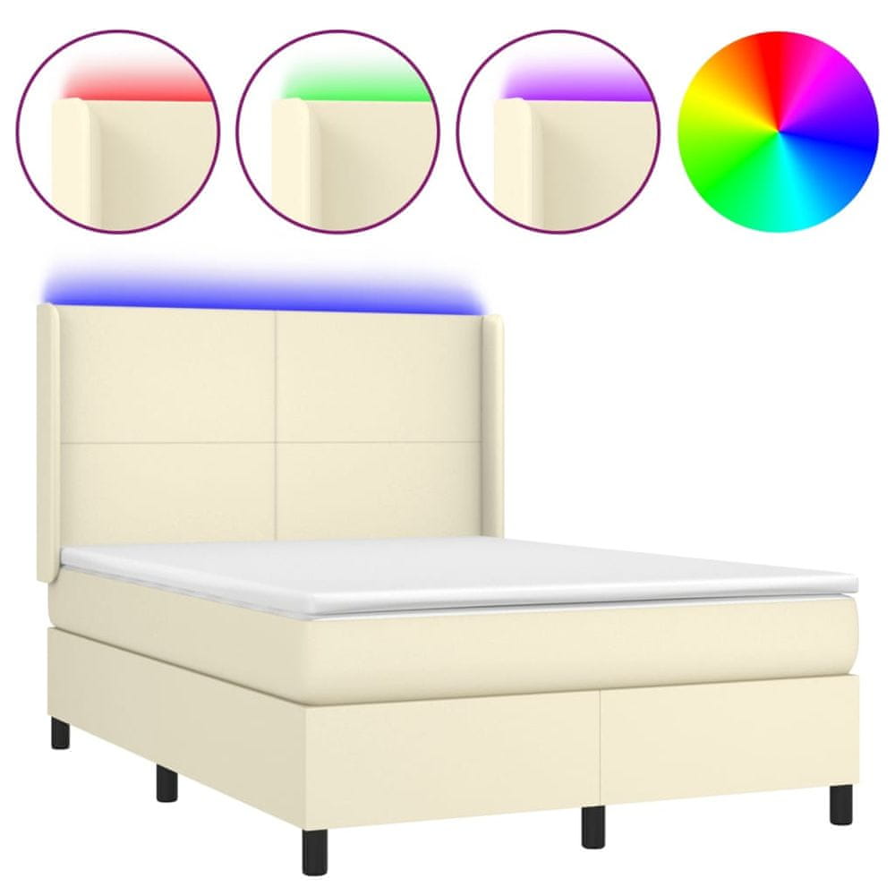 Vidaxl Boxspring posteľ s matracom a LED krémová 140x200 cm umelá koža