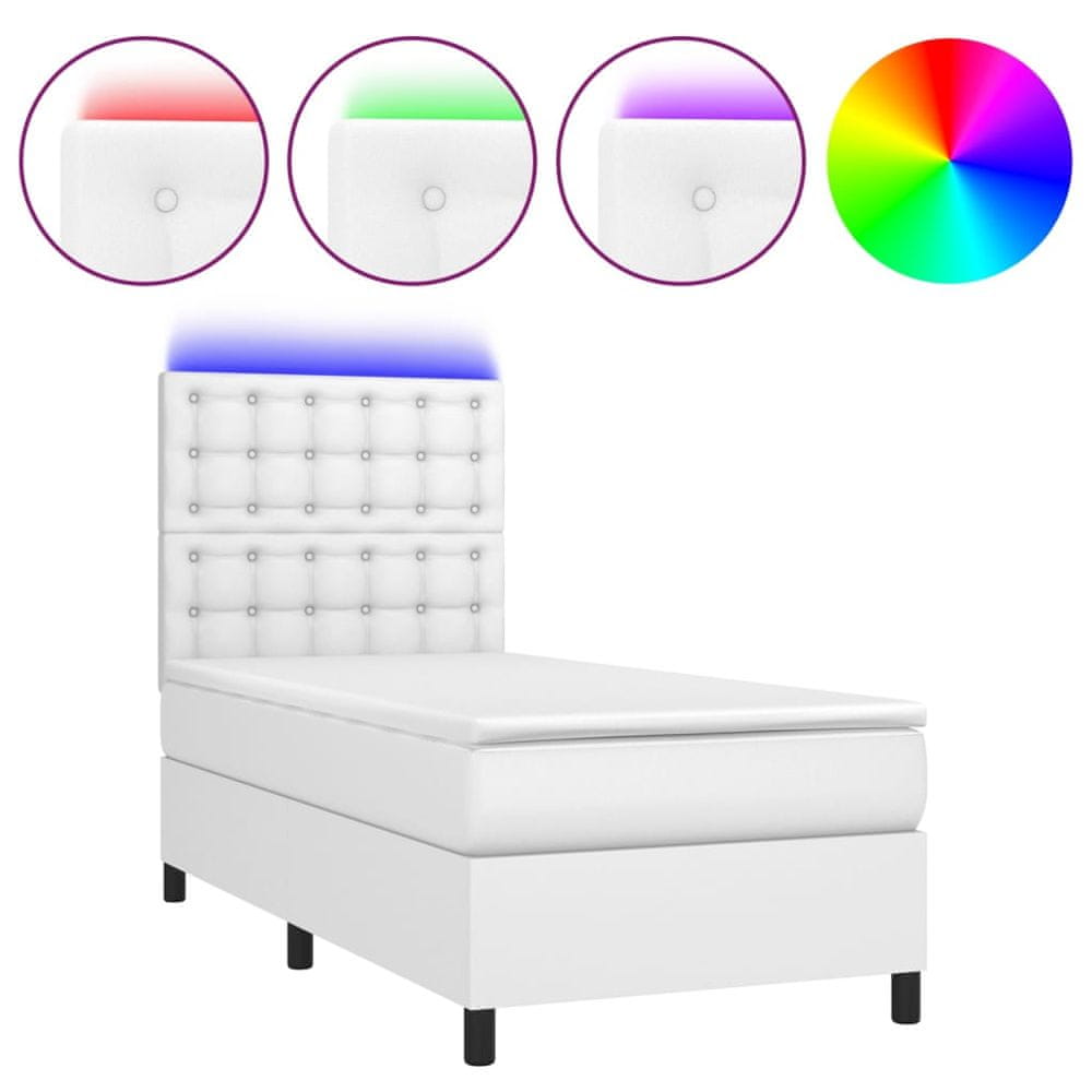 Vidaxl Boxspring posteľ s matracom a LED biela 90x200 cm umelá koža