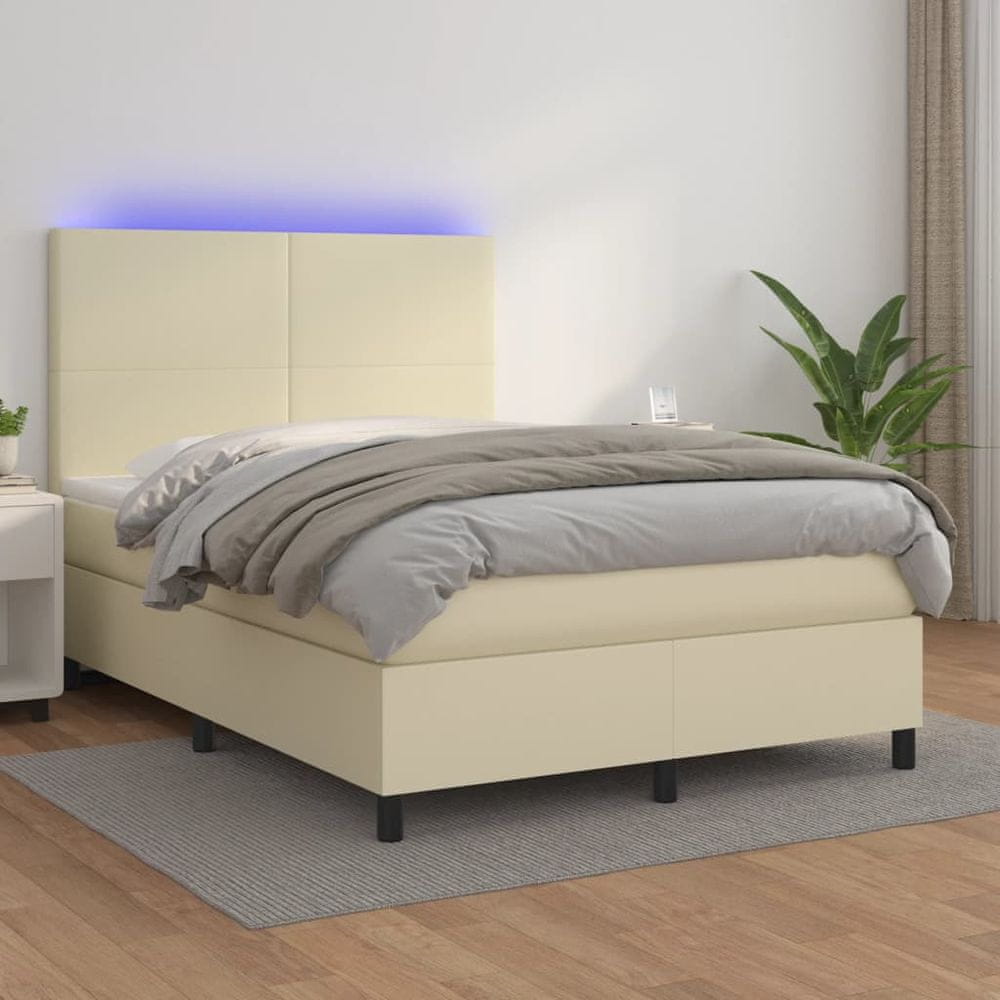 Vidaxl Boxspring posteľ s matracom a LED krémová 140x200 cm umelá koža