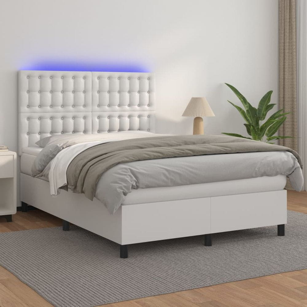 Vidaxl Boxspring posteľ s matracom a LED biela 140x200 cm umelá koža