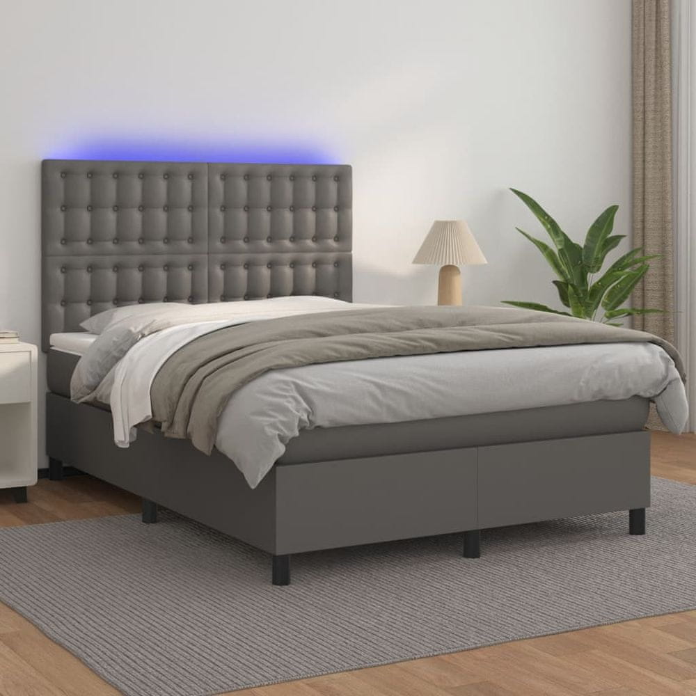 Vidaxl Boxspring posteľ s matracom a LED sivá 140x200 cm umelá koža