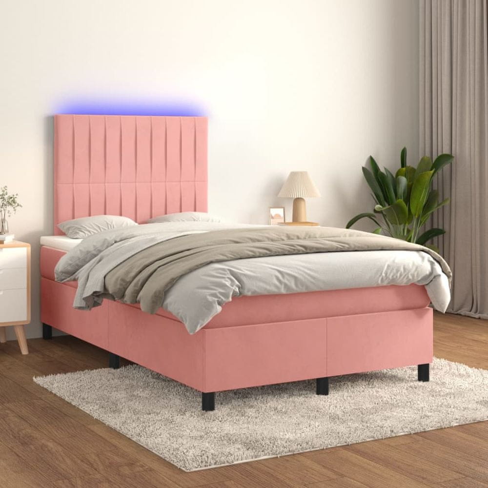 Vidaxl Posteľný rám boxsping s matracom a LED ružový 120x200 cm zamat