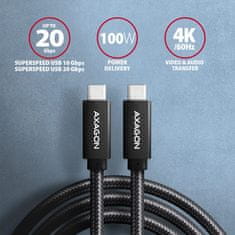 AXAGON BUCM32-CM10AB, SPEED+ kábel USB-C <-> USB-C, 1m, USB 3.2 Gen 2, PD 100W 5A, 4k HD, ALU, oplet, čierny