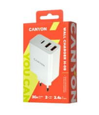 Canyon Nabíjačka do siete H-08, Power delivery - 1x USB-C (Quick charge), 2xUSB A, biela