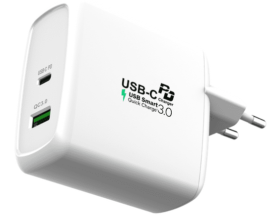MAX Sieťová nabíjačka s USB, USB/A + USB/C s funkciou QuickCharge, biela
