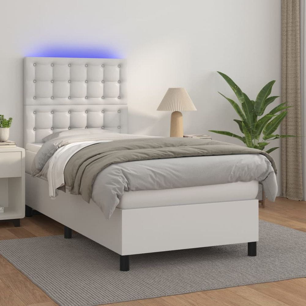 Vidaxl Boxspring posteľ s matracom a LED biela 100x200 cm umelá koža