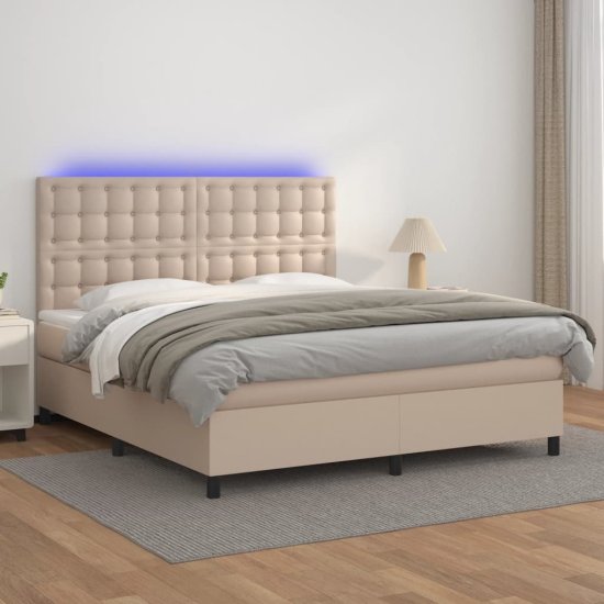 Vidaxl Boxspring posteľ matrac a LED kapučínová 180x200 cm umelá koža
