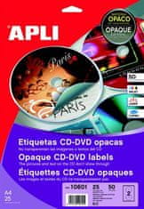 Apli Etikety na CD/DVD "Mega", matné, A4, vonkajší priemer 114 mm, vnútorný priemer 18 mm, 10808/10601