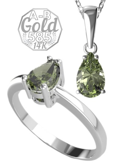 A-B A-B Súprava šperkov s príveskom a prsteňom Zelený les s vltavínom v bielom zlate 200000502