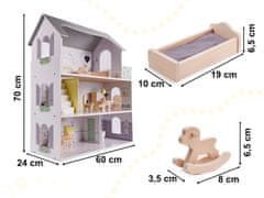 WOWO Drevený Domček pre Bábiky s Kompletným Nábytkom, 70cm - Sivý