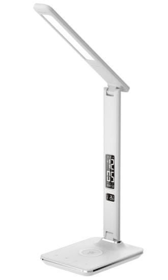 Immax LED stolná lampička Kingfisher/ Qi nabíjanie/ 8,5W/ 400lm/ 12V/2,5A/ 3 farby svetla/ sklápacie rameno/ biela