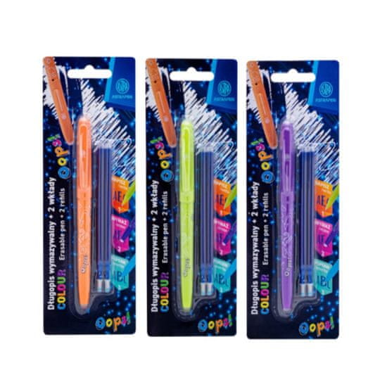 Astra Gumovateľné pero OOPS! 0,6mm, modré, dve gumy + 2ks náplní, blister, mix farieb, 201022002