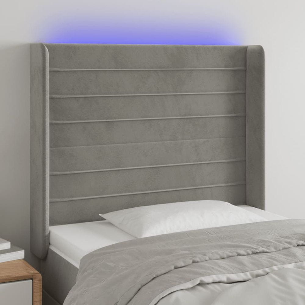 Vidaxl Čelo postele s LED bledosivé 93x16x118/128 cm zamat