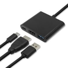 Qoltec Adaptér USB 3.1 typ C samec | HDMI A samica + USB 3.0 typ A samica + USB 3.1 typ C PD | 0,2 m | Čierna