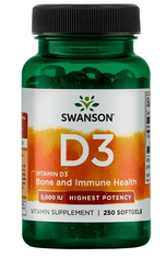 Swanson Vitamín D3, 5000 IU, Vyššia účinnosť, 250 softgel kapsúl
