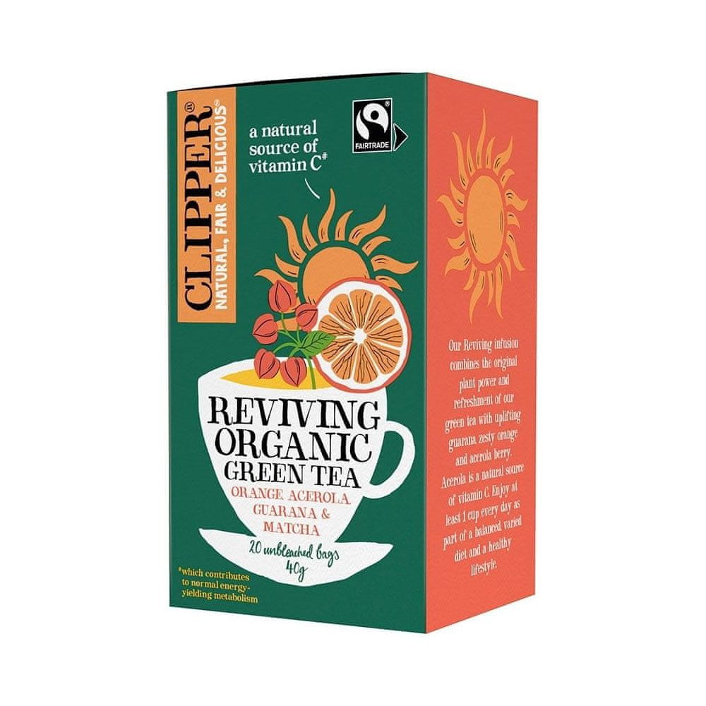 Clipper Britský BIO funkčný zelený čaj "Regenerácia" s pomarančom, Acerolou, Guaranou a Matchou Fair Trade "Oživujúci organický zelený čaj | Pomaranč