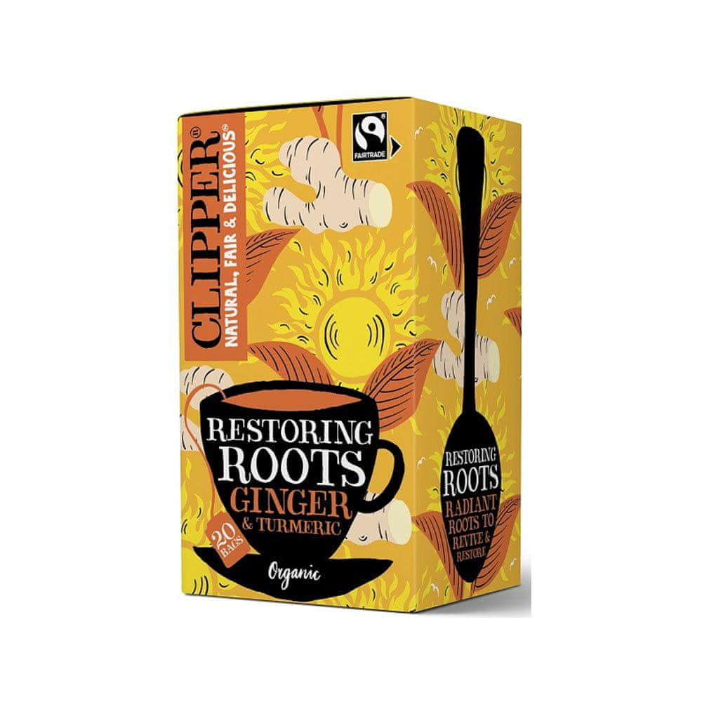 Clipper Britský organický zázvor s kurkumou a čiernym korením BIO "Obnovenie koreňov | Organický zázvor, kurkuma a čierne korenie" 36g (20 vreciek x 