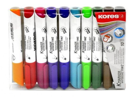 KORES Permanentný popisovač K-MARKER na biele tabule, skosený hrot 3-5 mm, mix 10 farieb (čierna, červená, zelená, modrá, ružová, tyrkysová, oranžová, hnedá, fialová, svetlo zelená)