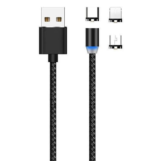 MG 3in1 magnetický USB kábel + plug adaptér Micro USB / USB-C / Lightning 1m, čierny
