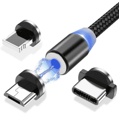 MG 3in1 magnetický USB kábel + plug adaptér Micro USB / USB-C / Lightning 1m, čierny