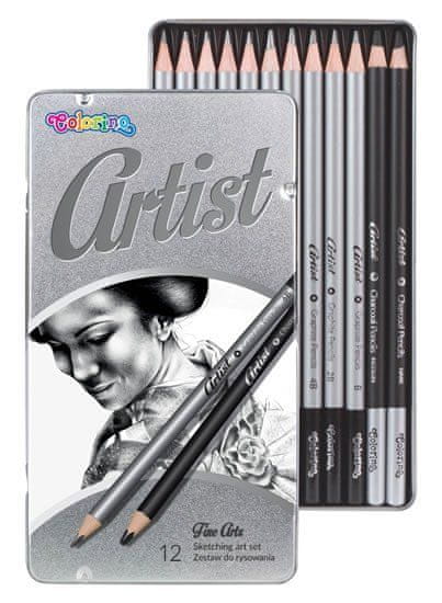 Colorino Artist - kresliarska sada grafitových ceruziek a uhlov okrúhle kovový box