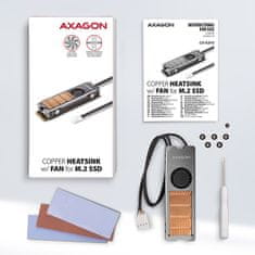 AXAGON CLR-M2FAN, medený chladič s ventilátorom pre jedno aj obojstranný M.2 SSD disk, výška 13 mm