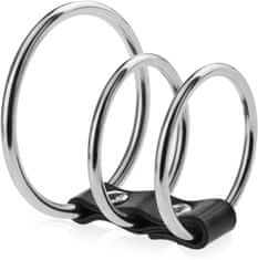 XSARA Tři kovové erekční kroužky trojitý ring na penis s koženým páskem - 73126619