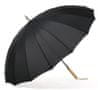 Trstinový dáždnik s rovnou drevenou rukoväťou so 16 lúčmi, čierna