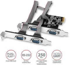 AXAGON PCEA-S4N, PCIe radič - 4x sériový port (RS232) 250 kbps, vr. LP