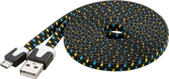 PremiumCord Kábel micro USB 2.0, AB 2m, plochý textilný kábel, čierno-modro-žltý