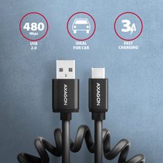 AXAGON BUCM-AM20TB, TWISTER kábel USB-C <-> USB-A, 1.1m, USB 2.0, 3A, ALU, tpe, čierny