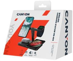 Canyon Bezdrôtová nabíjačka WS-404B + AC adaptér, 4v1, Qi & Apple MagSafe, vstup 12V/3A, výstup 15/10/7.5/5W, čierna