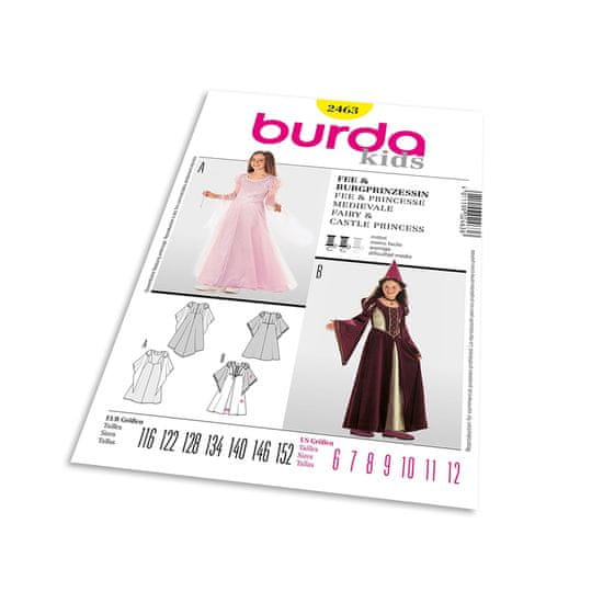 Burda Strih Burda 2463 - Detské stredoveké šaty, šaty pre princeznú / vílu