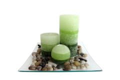 Darčekový set 3 sviečky s vôňou "zelený čaj" na sklenenom podnose s kameňmi
