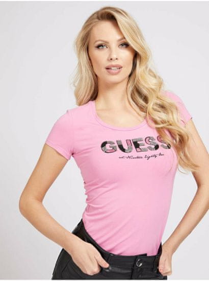 Guess Guess ružové tričko Glitter Front Logo