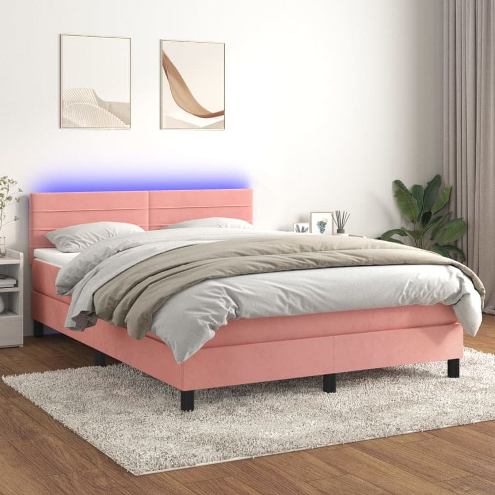 Vidaxl Posteľný rám boxsping s matracom a LED ružový 140x200 cm zamat