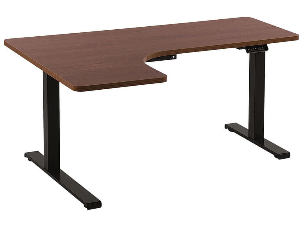 Beliani Elektrický nastaviteľný stôl ľavostranný 160 x 110 cm tmavé drevo a čierna DESTIN II
